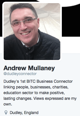 Photo and twitter bio for Andrew Mullaney